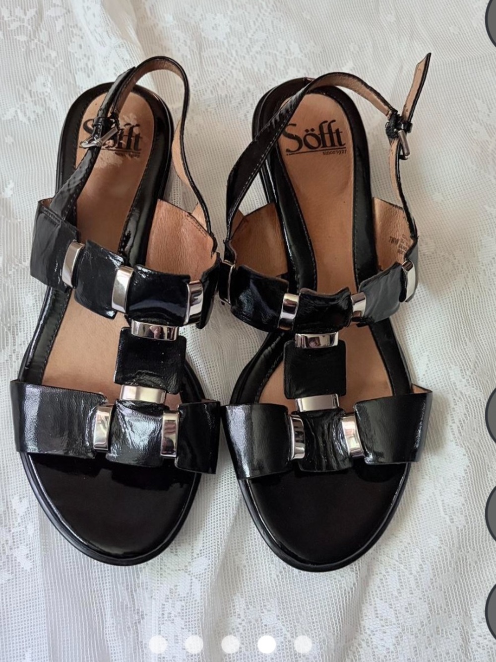 Sofft Black Patent Leather Slingback Sandals with Silver Accents